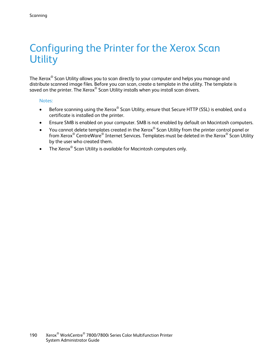 Configuring the printer for the xerox scan utility | Xerox WorkCentre 7835ii User Manual | Page 190 / 284