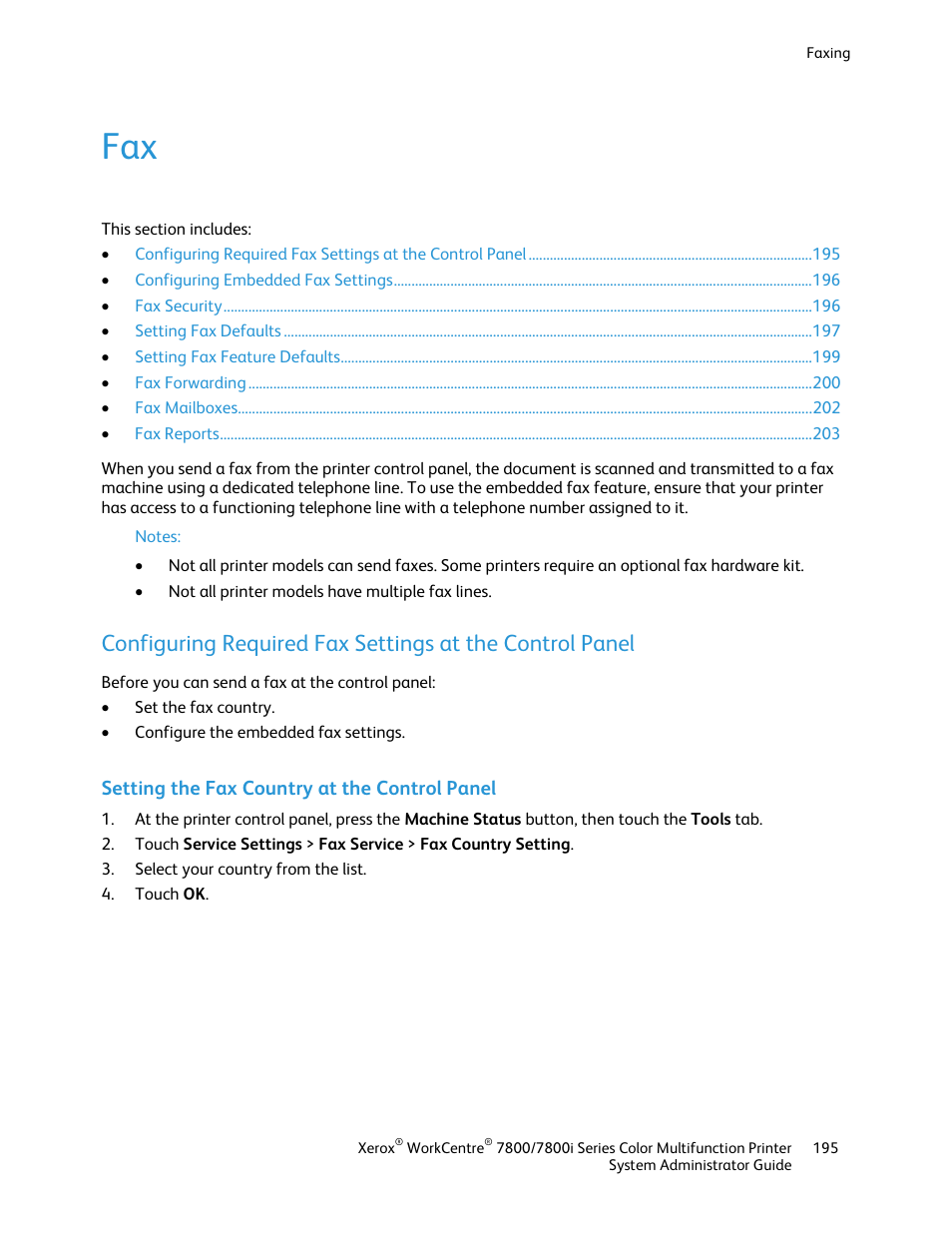 Setting the fax country at the control panel | Xerox WorkCentre 7835ii User Manual | Page 195 / 284