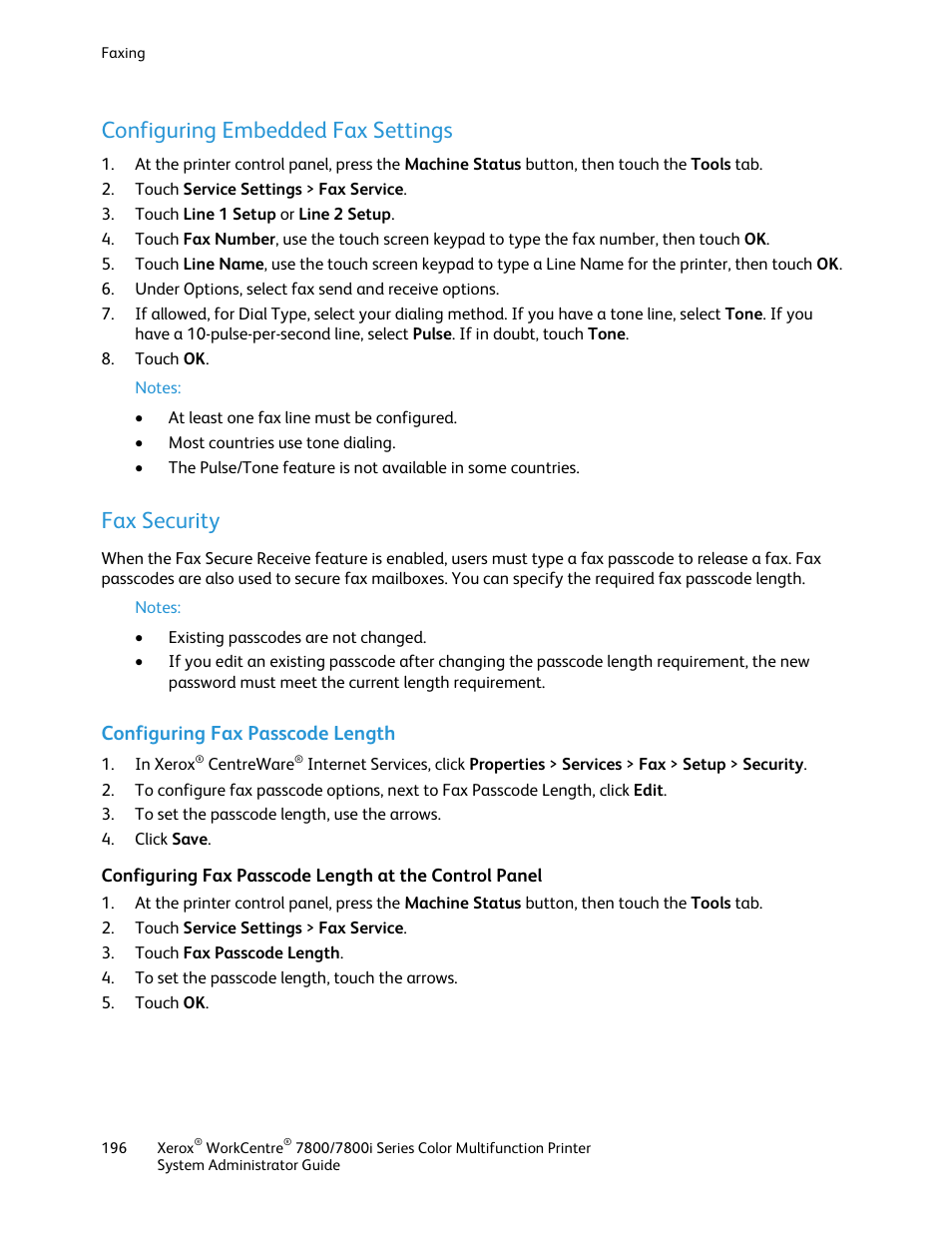 Configuring embedded fax settings, Fax security, Configuring fax passcode length | Xerox WorkCentre 7835ii User Manual | Page 196 / 284