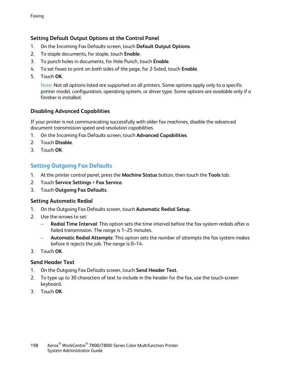 Disabling advanced capabilities, Setting outgoing fax defaults, Setting automatic redial | Send header text | Xerox WorkCentre 7835ii User Manual | Page 198 / 284