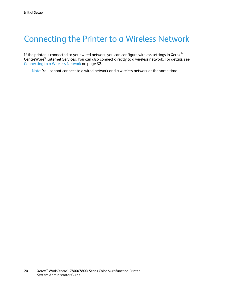 Connecting the printer to a wireless network | Xerox WorkCentre 7835ii User Manual | Page 20 / 284