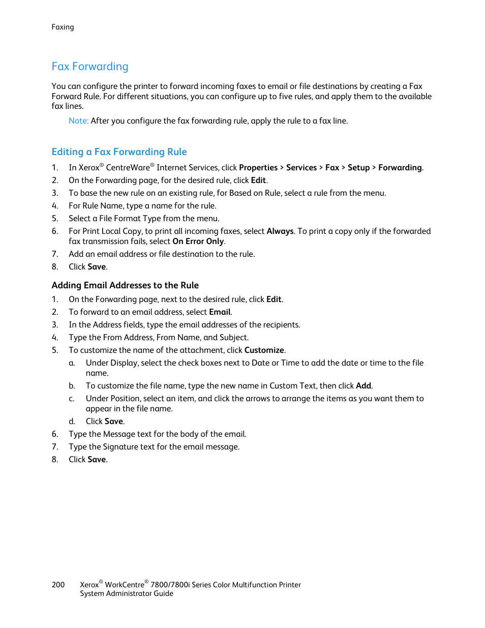 Fax forwarding, Editing a fax forwarding rule, Adding email addresses to the rule | Xerox WorkCentre 7835ii User Manual | Page 200 / 284