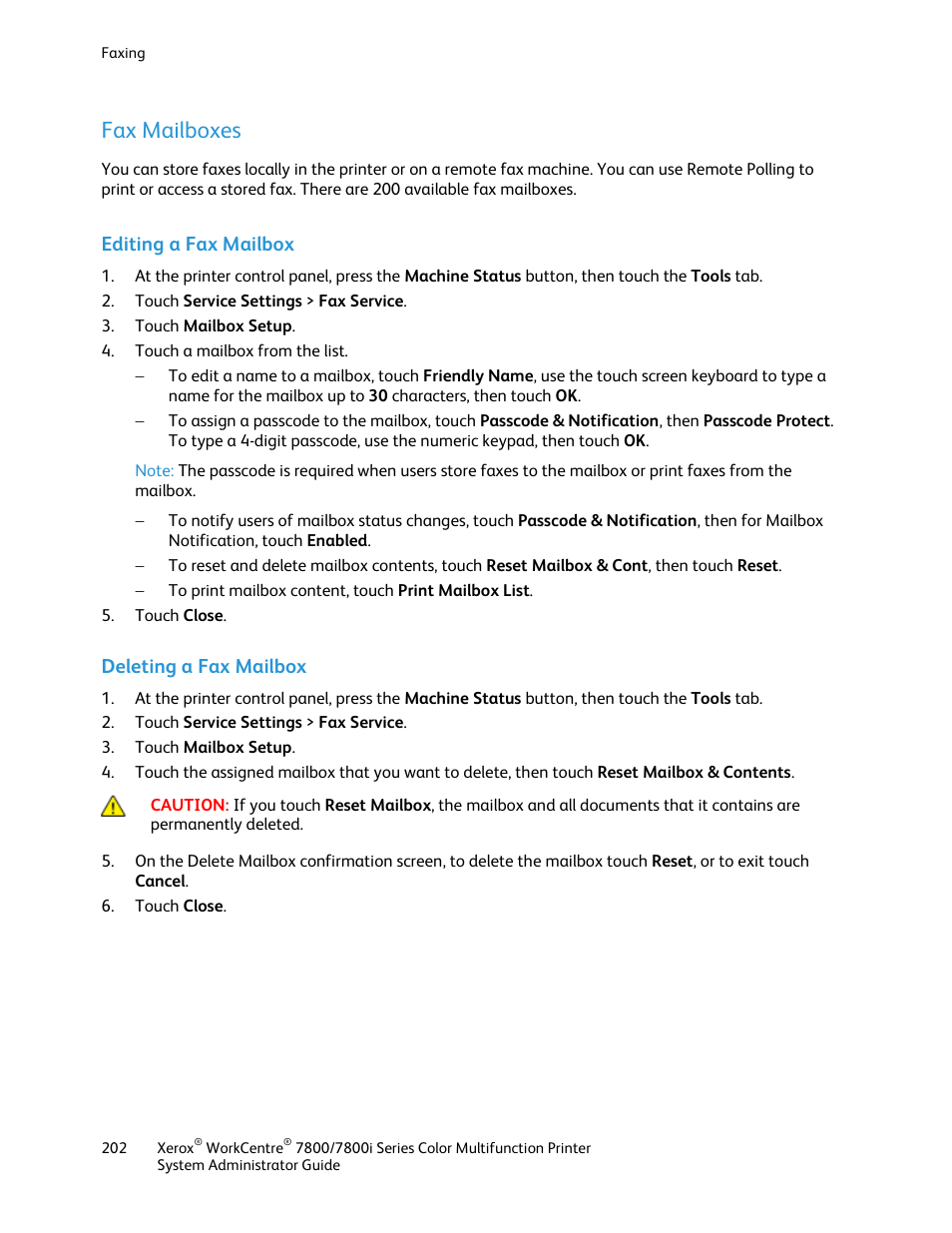 Fax mailboxes, Editing a fax mailbox, Deleting a fax mailbox | Xerox WorkCentre 7835ii User Manual | Page 202 / 284