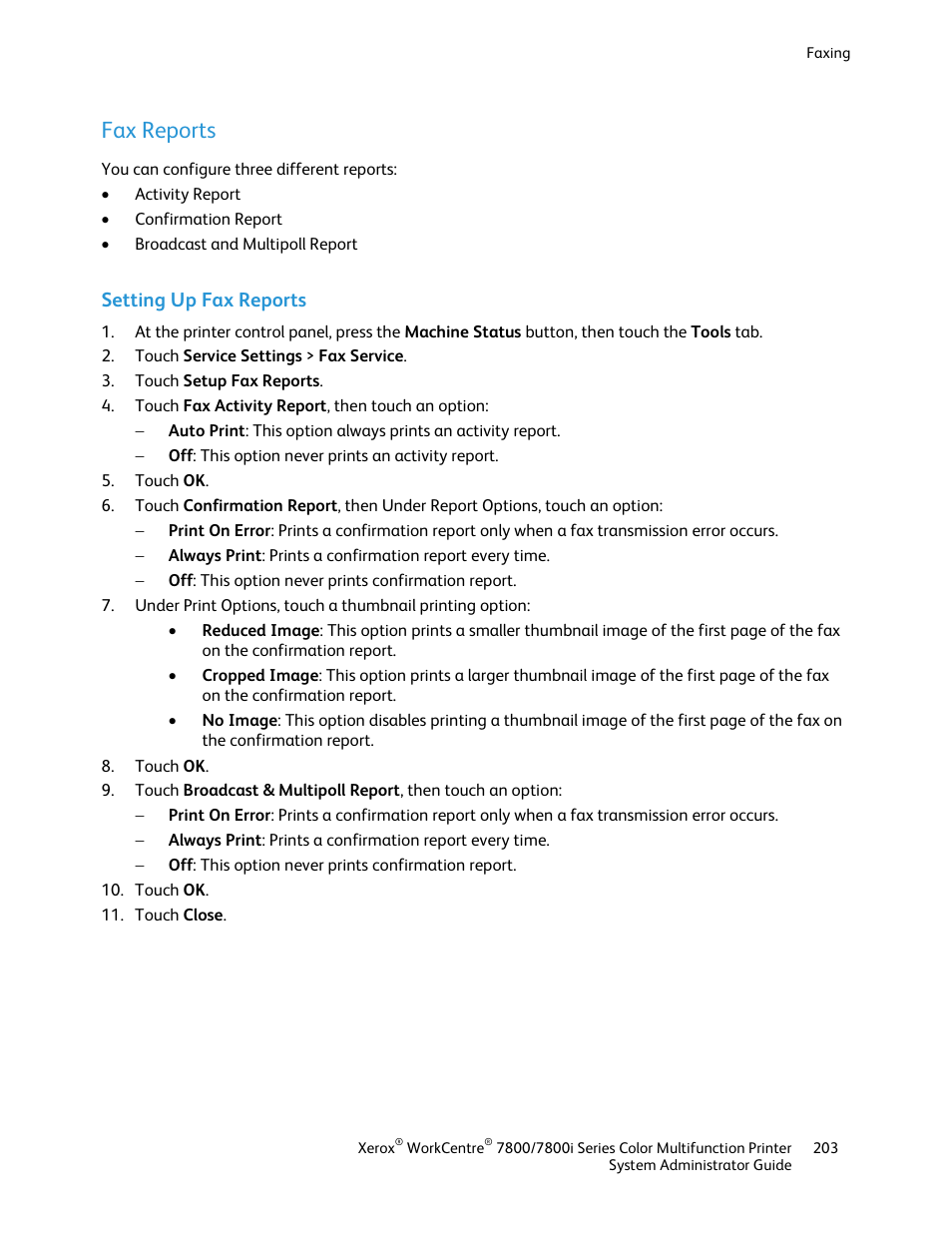 Fax reports, Setting up fax reports | Xerox WorkCentre 7835ii User Manual | Page 203 / 284