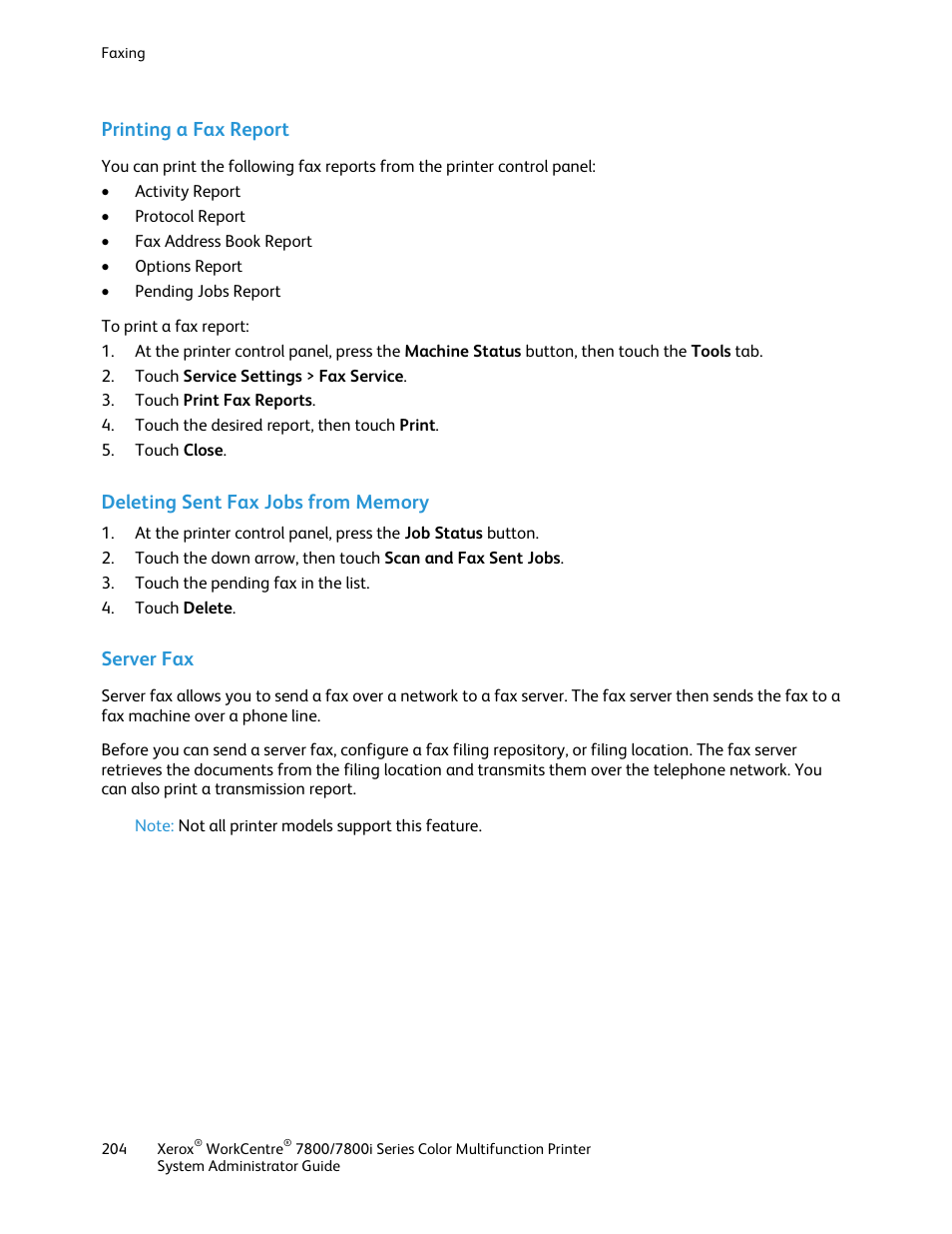 Printing a fax report, Deleting sent fax jobs from memory, Server fax | Xerox WorkCentre 7835ii User Manual | Page 204 / 284