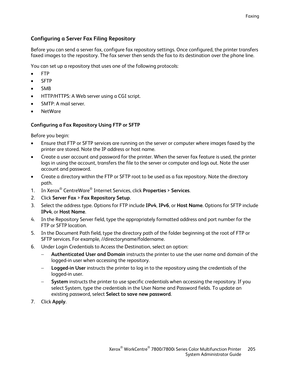 Configuring a server fax filing repository, Configuring a fax repository using ftp or sftp | Xerox WorkCentre 7835ii User Manual | Page 205 / 284