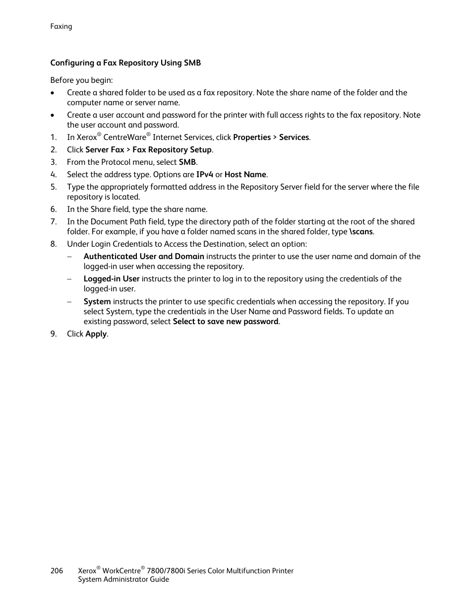 Configuring a fax repository using smb | Xerox WorkCentre 7835ii User Manual | Page 206 / 284