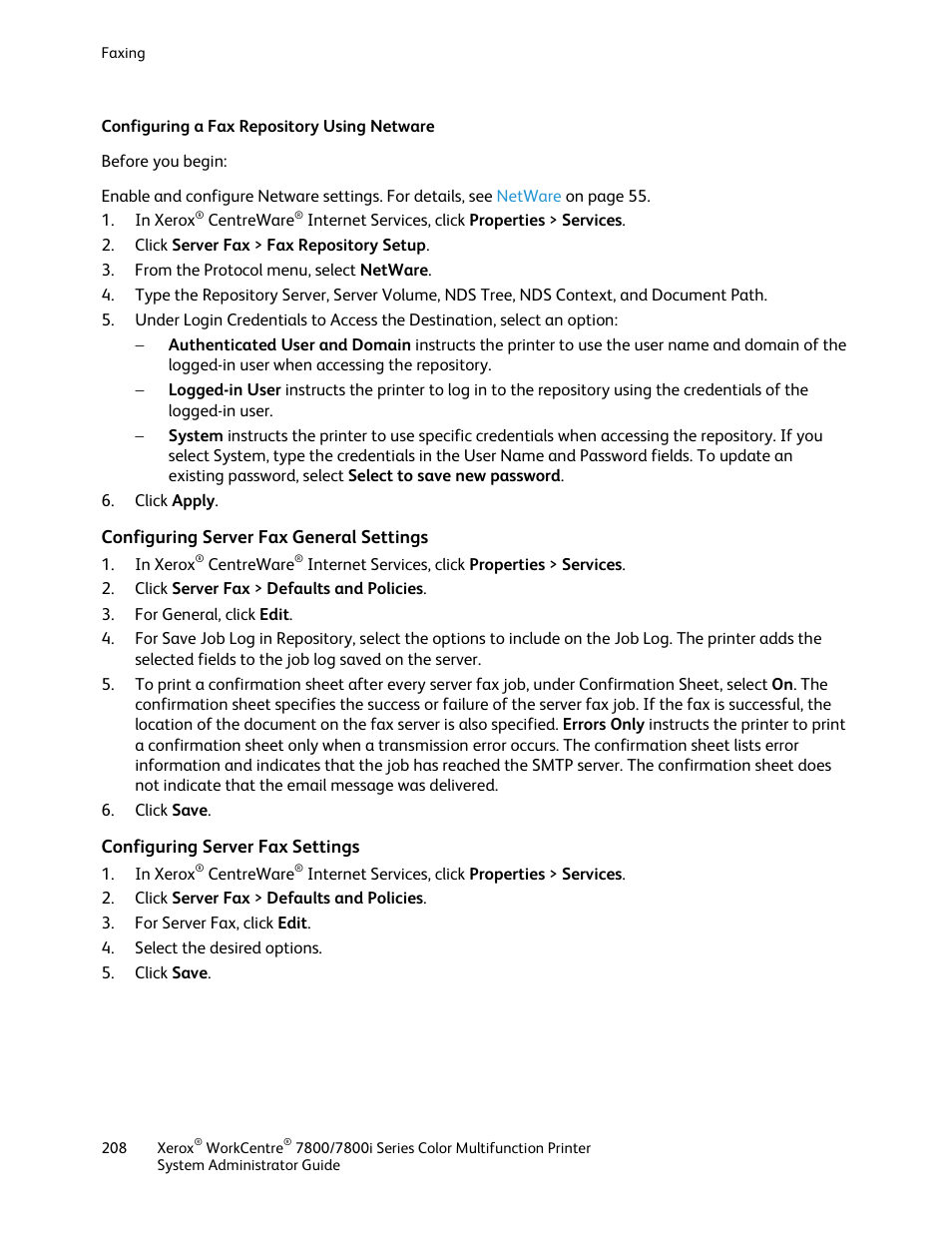 Configuring a fax repository using netware, Configuring server fax general settings, Configuring server fax settings | Xerox WorkCentre 7835ii User Manual | Page 208 / 284