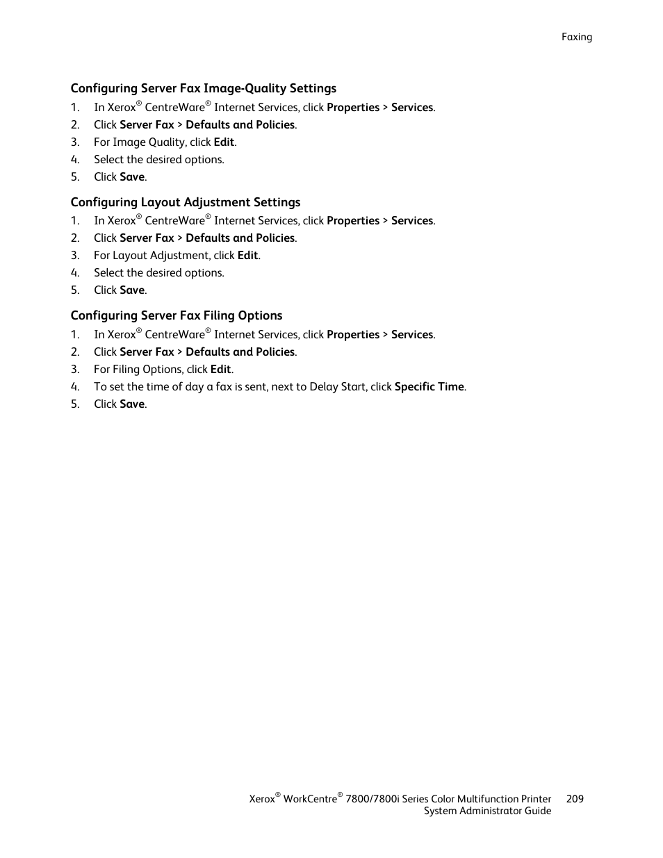 Configuring server fax image-quality settings, Configuring layout adjustment settings, Configuring server fax filing options | Xerox WorkCentre 7835ii User Manual | Page 209 / 284