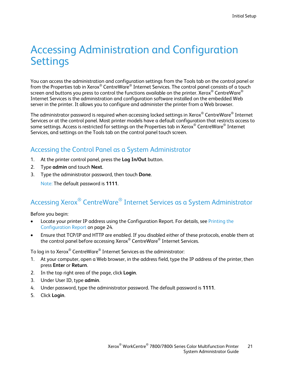 Accessing xerox, Centreware, Internet services as a system administrator | Xerox WorkCentre 7835ii User Manual | Page 21 / 284