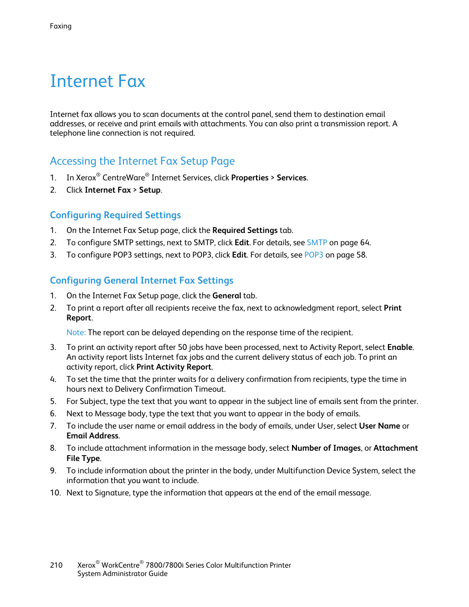 Internet fax, Configuring required settings, Configuring general internet fax settings | Accessing the internet fax setup page | Xerox WorkCentre 7835ii User Manual | Page 210 / 284