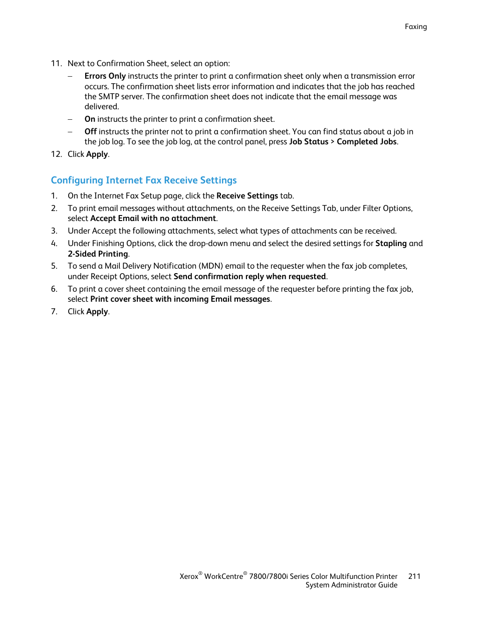 Configuring internet fax receive settings | Xerox WorkCentre 7835ii User Manual | Page 211 / 284