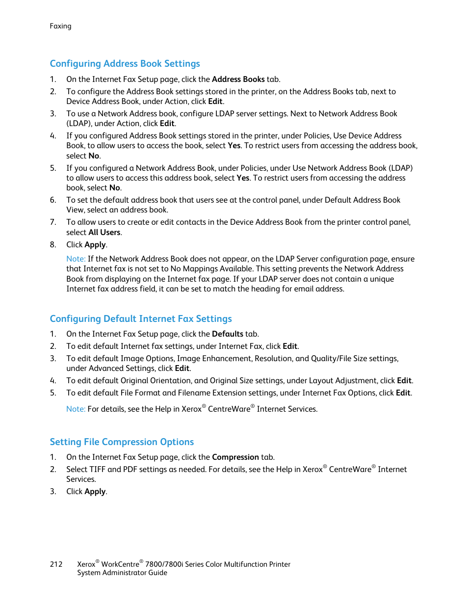Configuring address book settings, Configuring default internet fax settings, Setting file compression options | Xerox WorkCentre 7835ii User Manual | Page 212 / 284