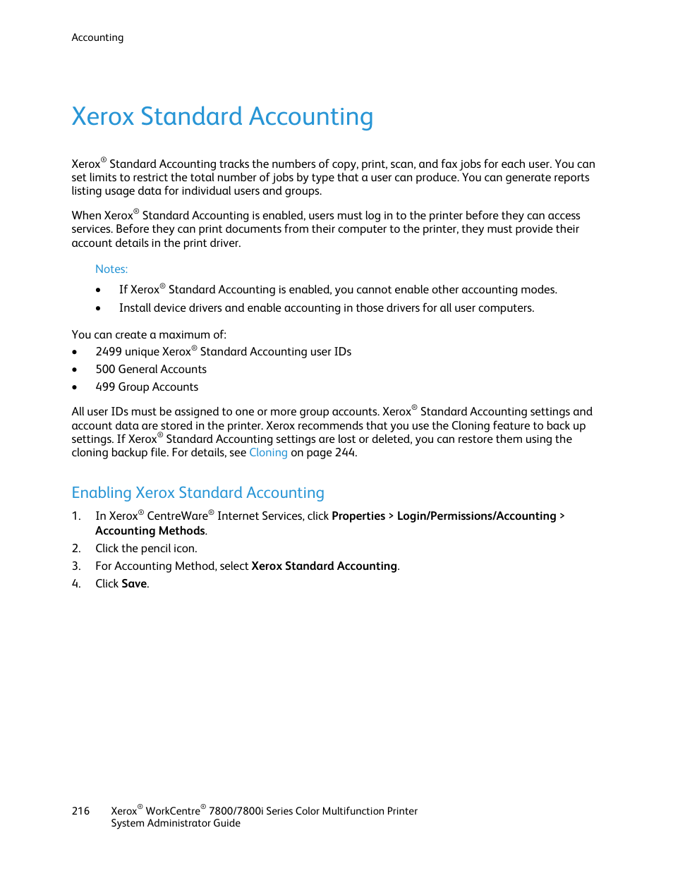 Xerox standard accounting, Enabling xerox standard accounting | Xerox WorkCentre 7835ii User Manual | Page 216 / 284