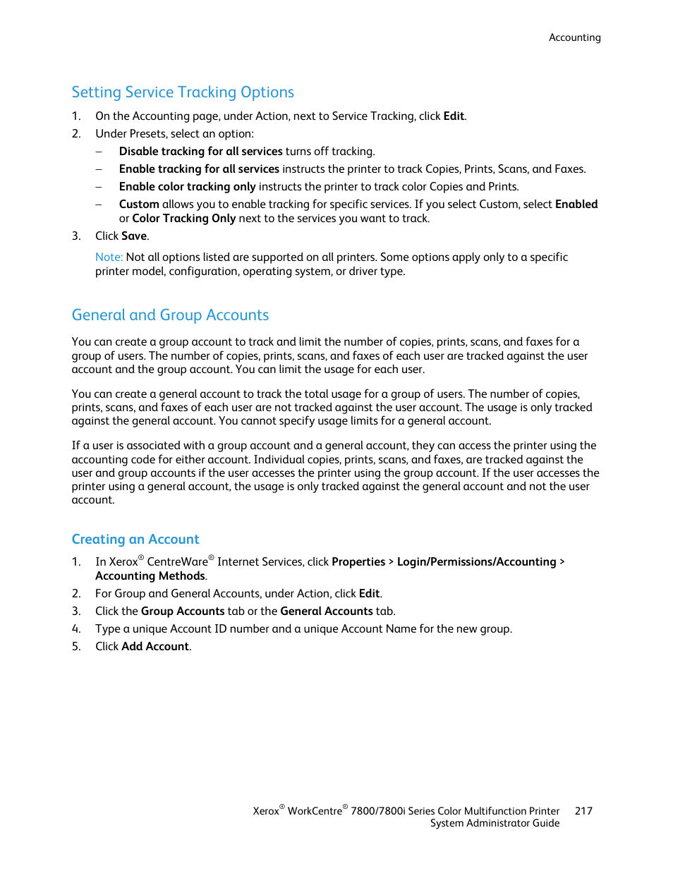 Setting service tracking options, General and group accounts, Creating an account | Xerox WorkCentre 7835ii User Manual | Page 217 / 284