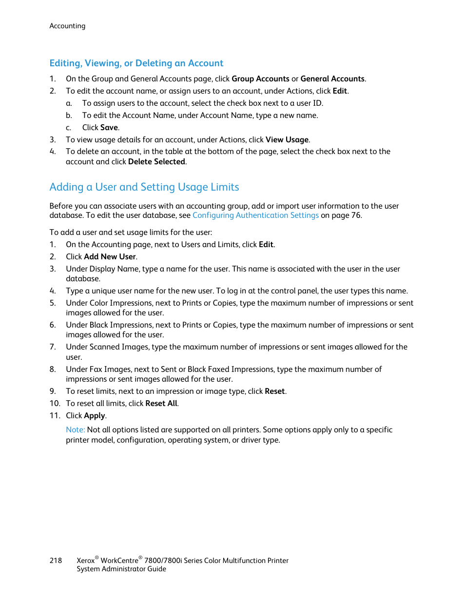 Editing, viewing, or deleting an account, Adding a user and setting usage limits | Xerox WorkCentre 7835ii User Manual | Page 218 / 284
