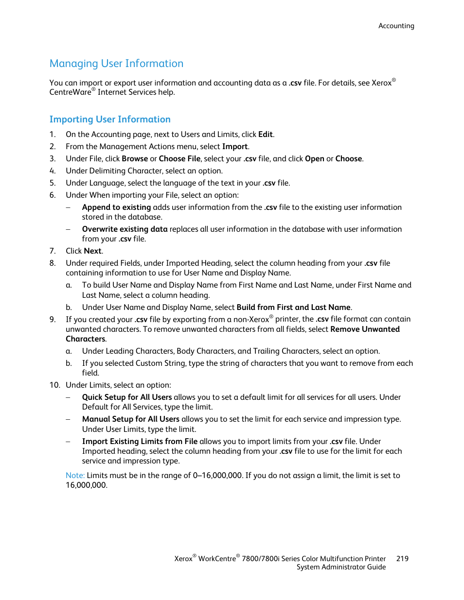 Managing user information, Importing user information | Xerox WorkCentre 7835ii User Manual | Page 219 / 284