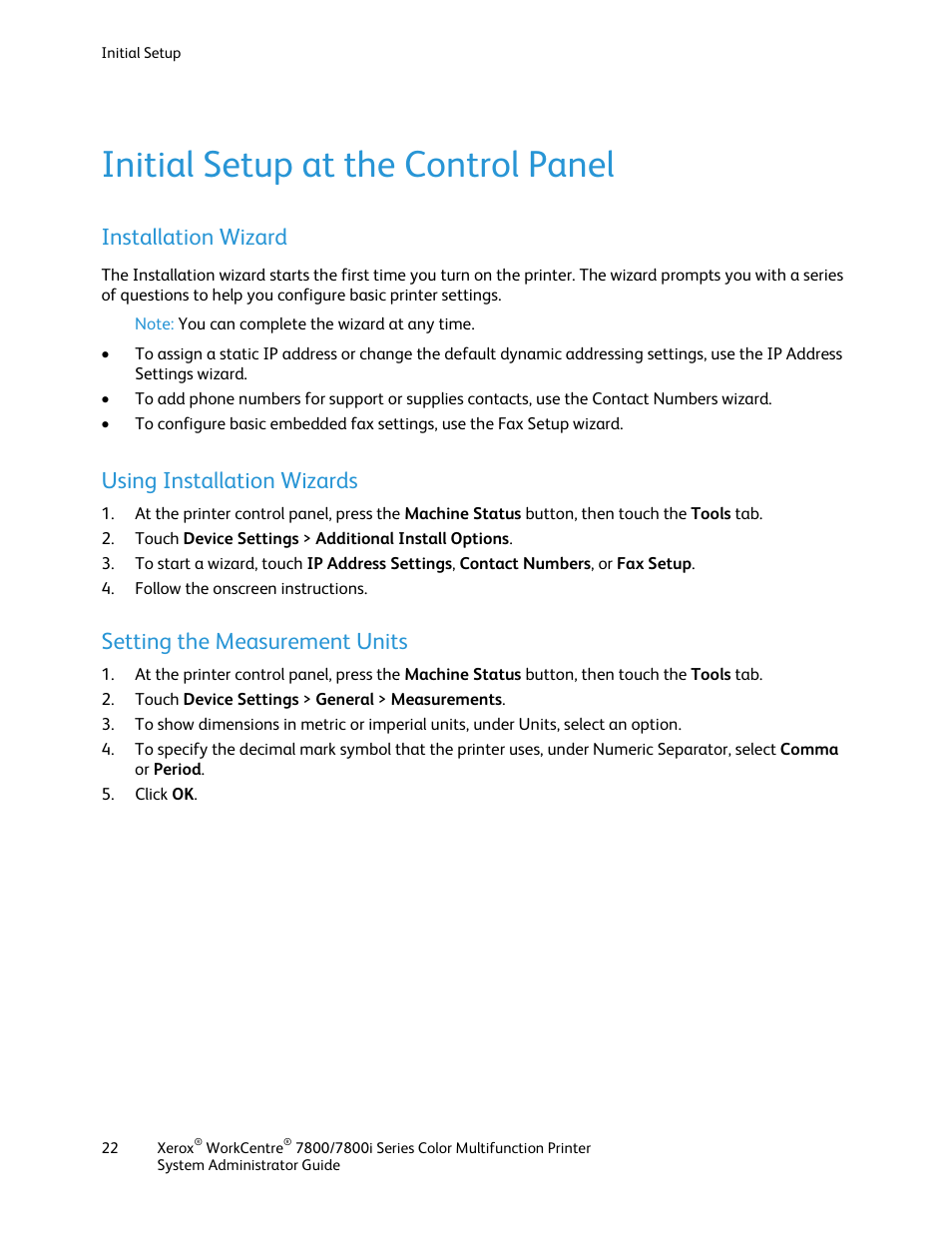 Initial setup at the control panel, Installation wizard, Using installation wizards | Setting the measurement units | Xerox WorkCentre 7835ii User Manual | Page 22 / 284