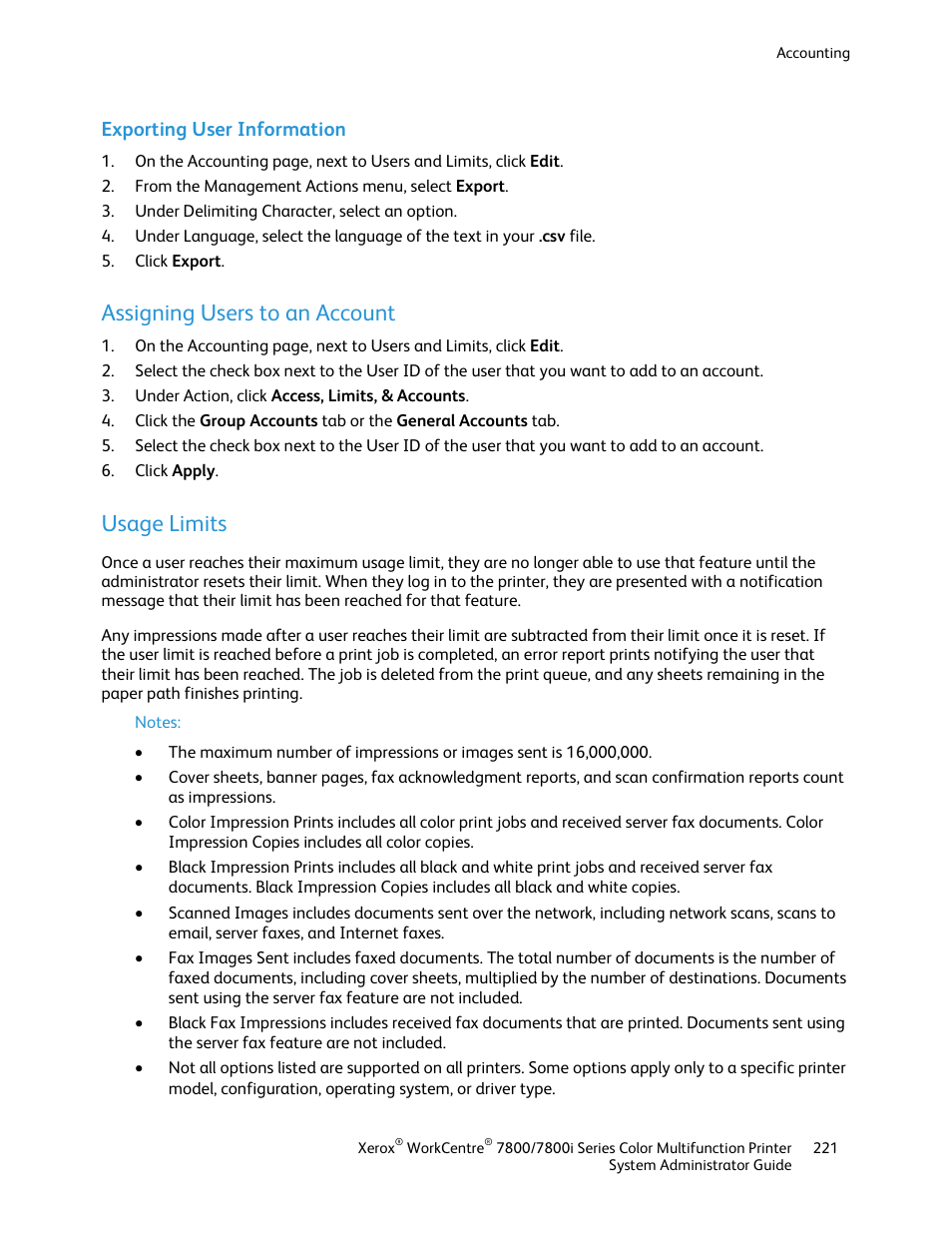 Exporting user information, Assigning users to an account, Usage limits | Xerox WorkCentre 7835ii User Manual | Page 221 / 284