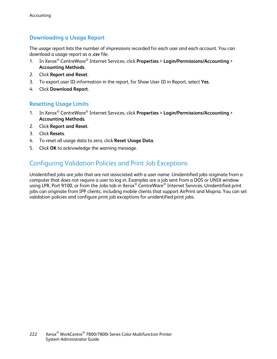 Downloading a usage report, Resetting usage limits | Xerox WorkCentre 7835ii User Manual | Page 222 / 284