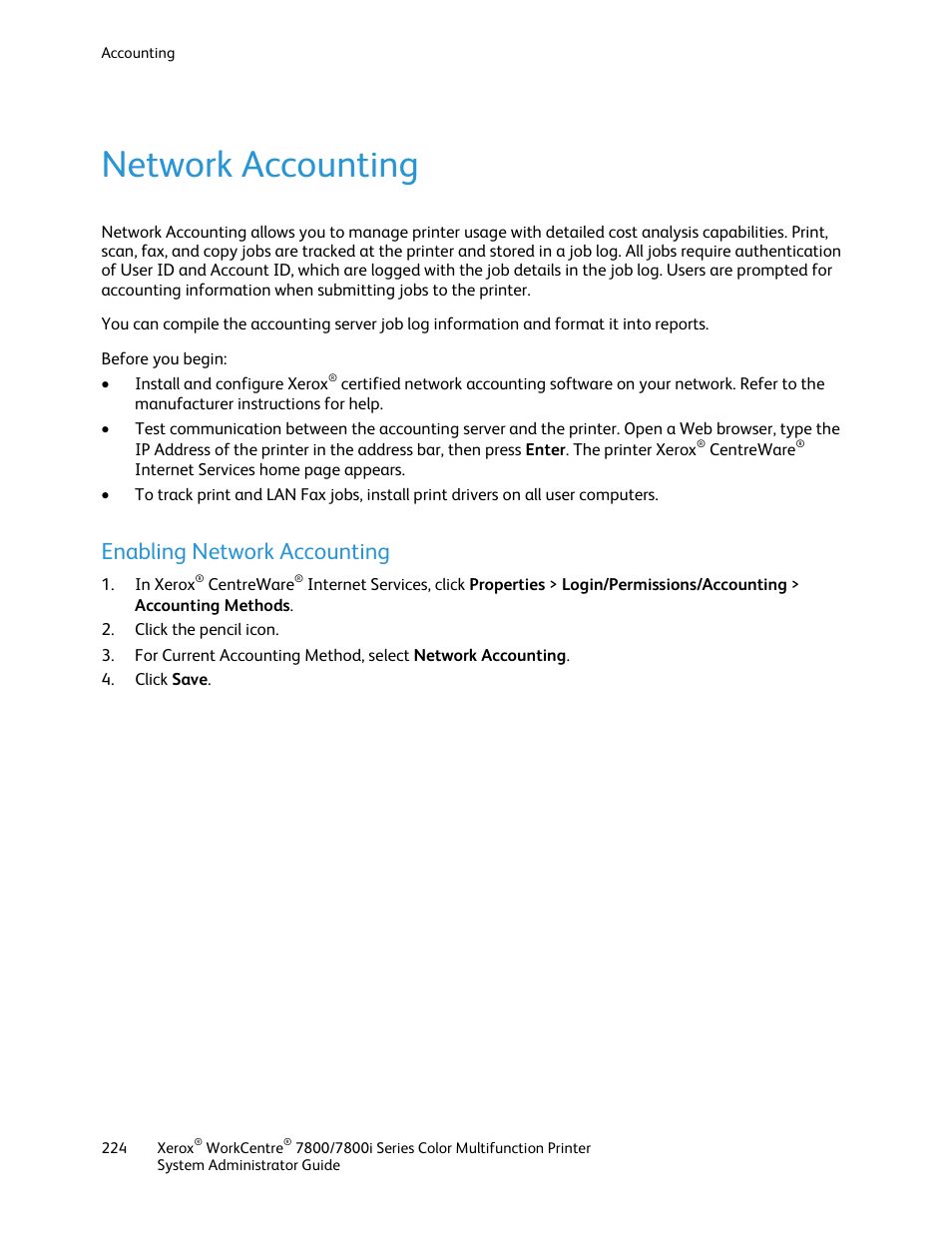 Network accounting, Enabling network accounting | Xerox WorkCentre 7835ii User Manual | Page 224 / 284