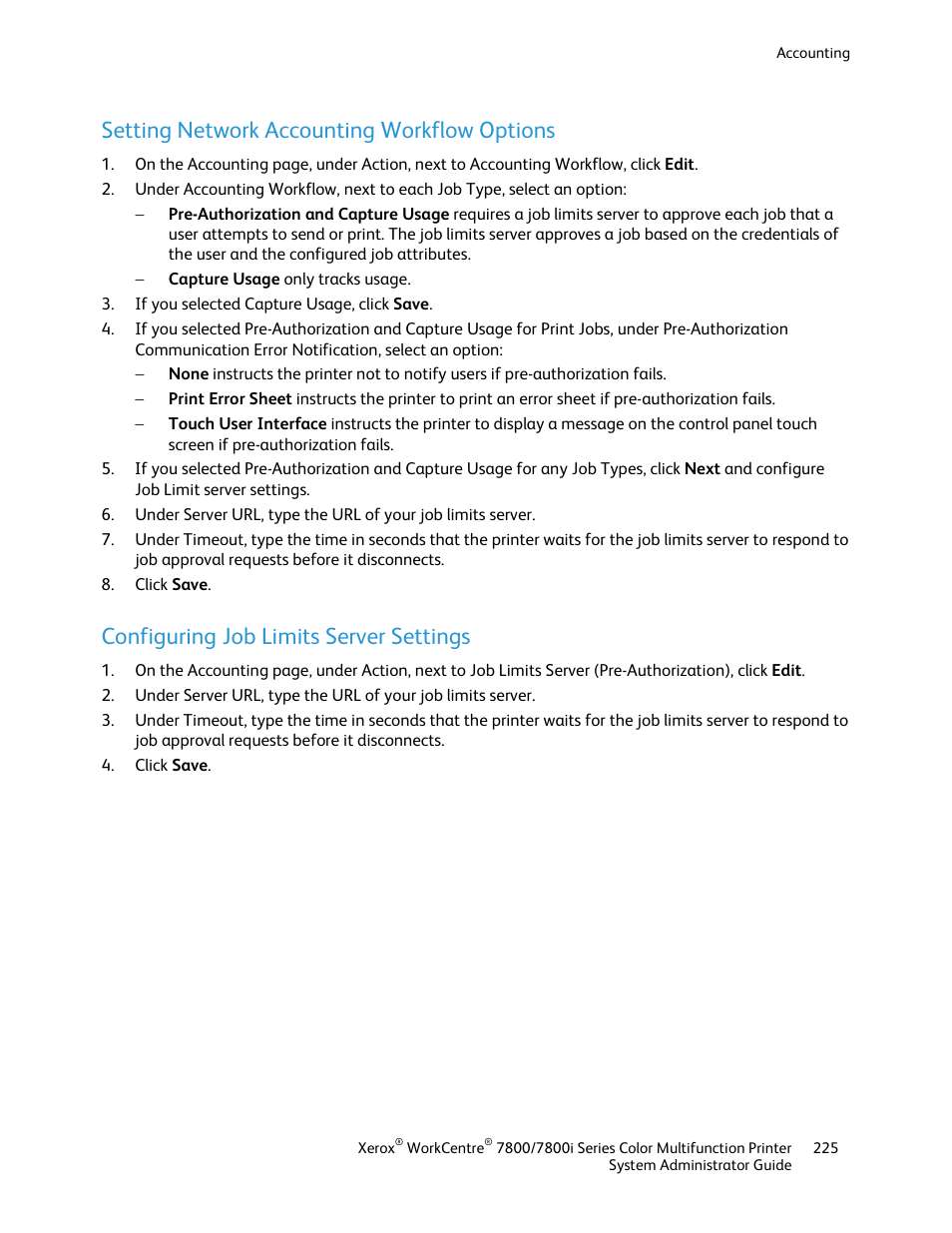 Setting network accounting workflow options, Configuring job limits server settings | Xerox WorkCentre 7835ii User Manual | Page 225 / 284