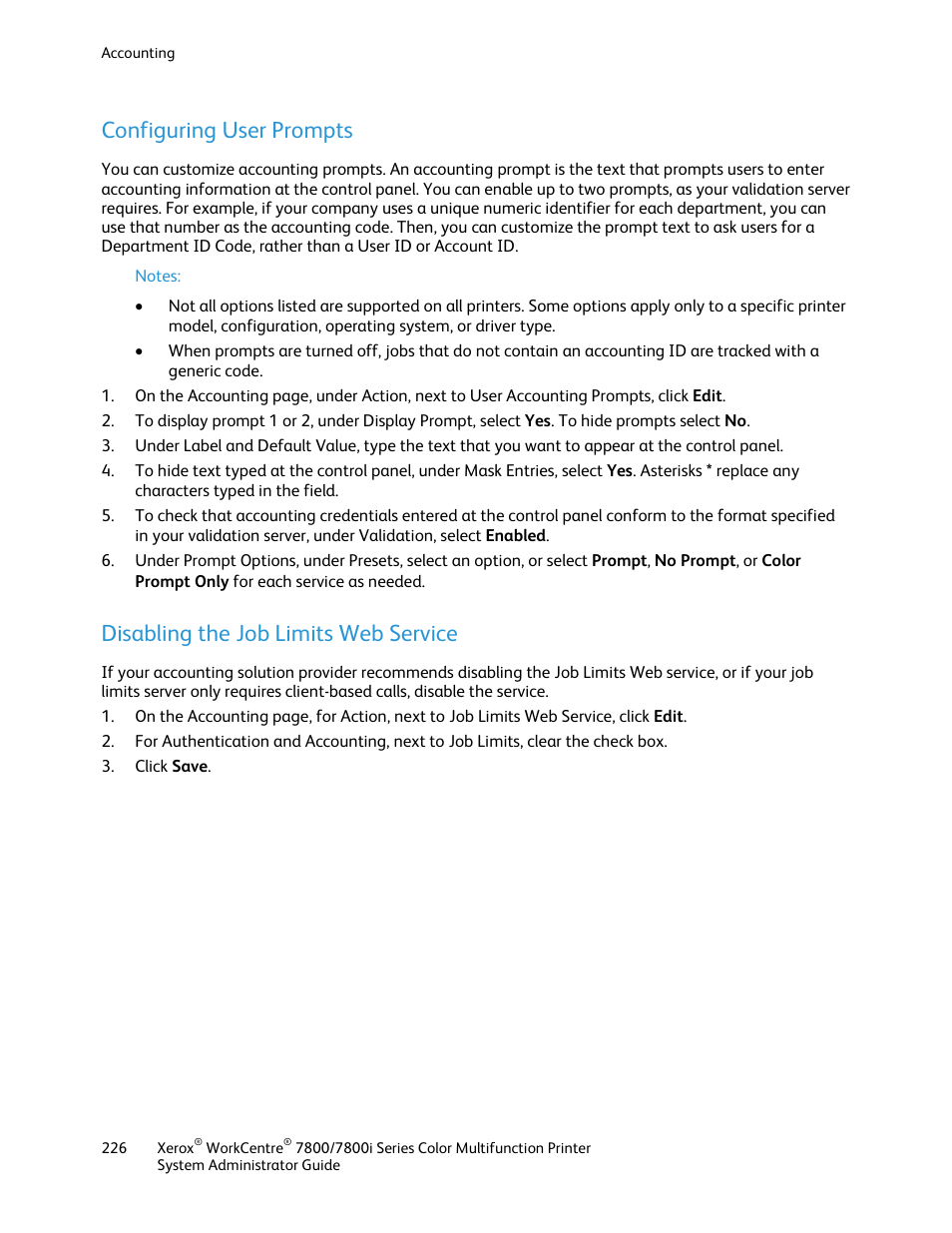 Configuring user prompts, Disabling the job limits web service | Xerox WorkCentre 7835ii User Manual | Page 226 / 284