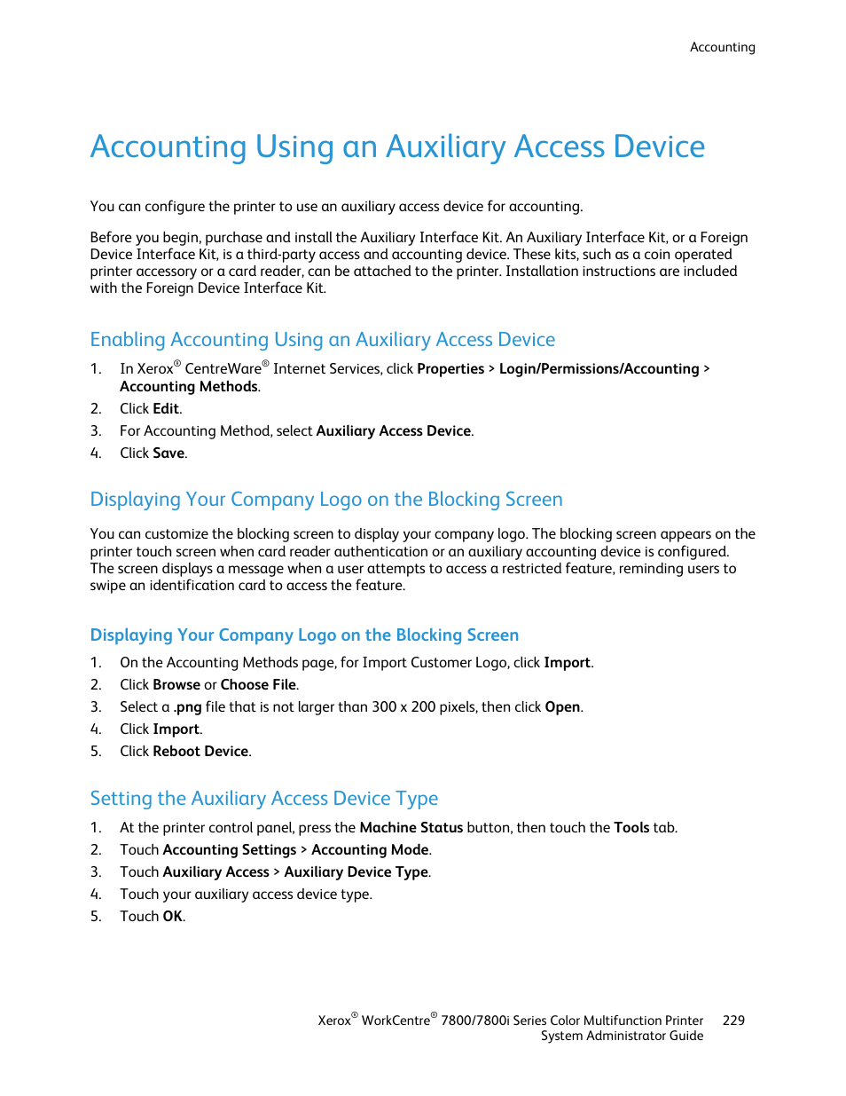 Accounting using an auxiliary access device, Setting the auxiliary access device type | Xerox WorkCentre 7835ii User Manual | Page 229 / 284