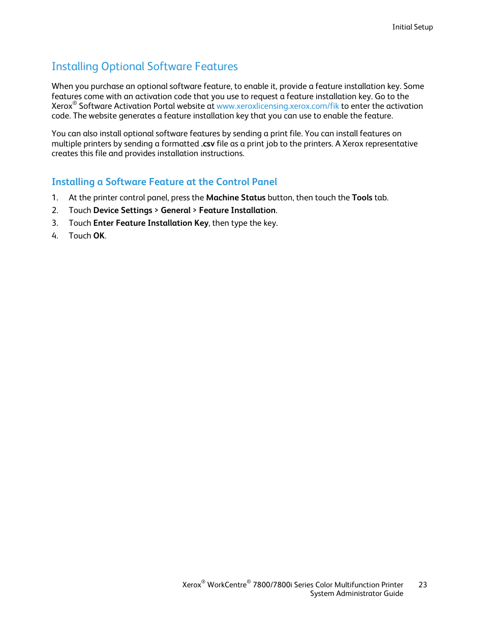 Installing optional software features, Installing a software feature at the control panel | Xerox WorkCentre 7835ii User Manual | Page 23 / 284