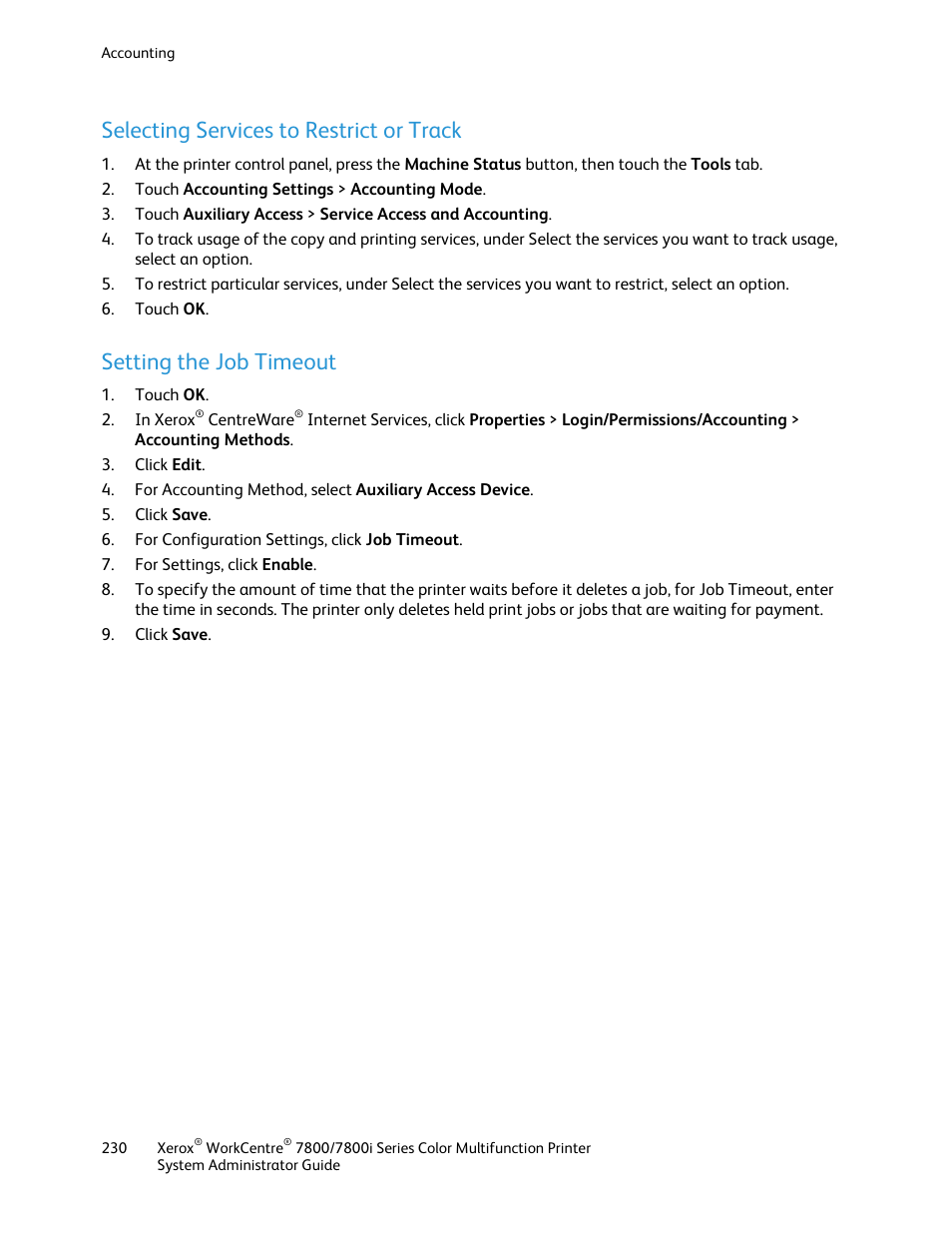 Selecting services to restrict or track, Setting the job timeout | Xerox WorkCentre 7835ii User Manual | Page 230 / 284