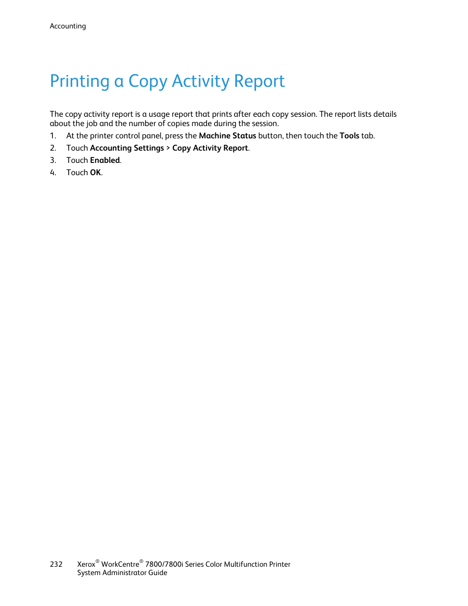 Printing a copy activity report | Xerox WorkCentre 7835ii User Manual | Page 232 / 284