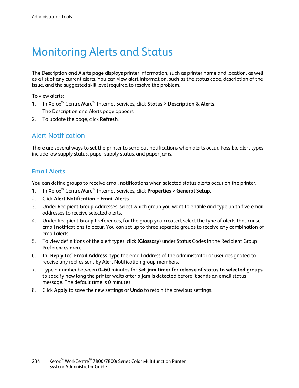 Monitoring alerts and status, Alert notification, Email alerts | Xerox WorkCentre 7835ii User Manual | Page 234 / 284