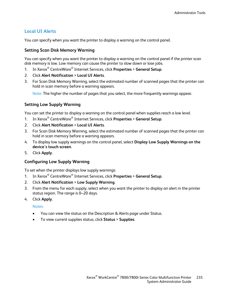 Local ui alerts, Setting scan disk memory warning, Setting low supply warning | Configuring low supply warning | Xerox WorkCentre 7835ii User Manual | Page 235 / 284