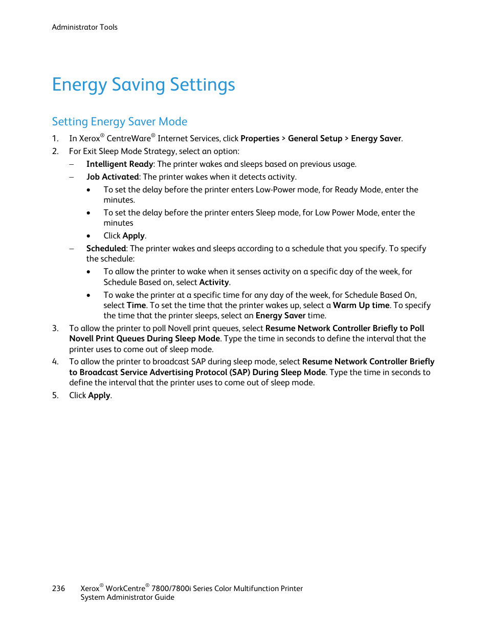 Energy saving settings, Setting energy saver mode | Xerox WorkCentre 7835ii User Manual | Page 236 / 284