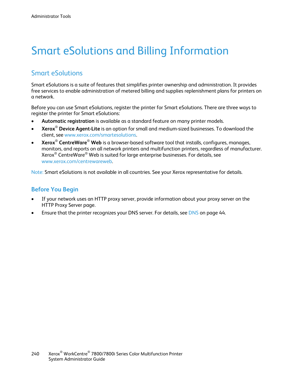 Smart esolutions and billing information, Smart esolutions, Before you begin | Xerox WorkCentre 7835ii User Manual | Page 240 / 284