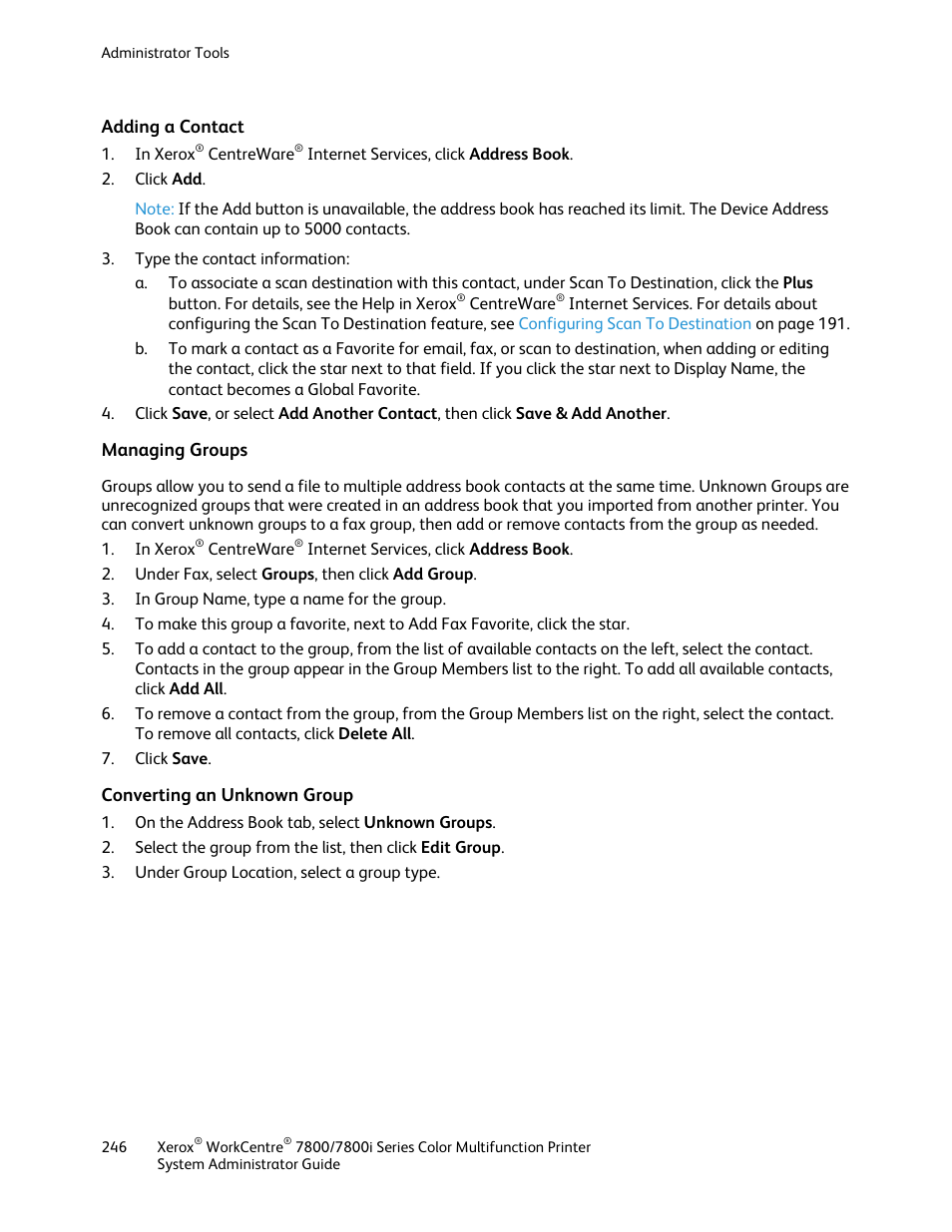 Adding a contact, Managing groups, Converting an unknown group | Xerox WorkCentre 7835ii User Manual | Page 246 / 284