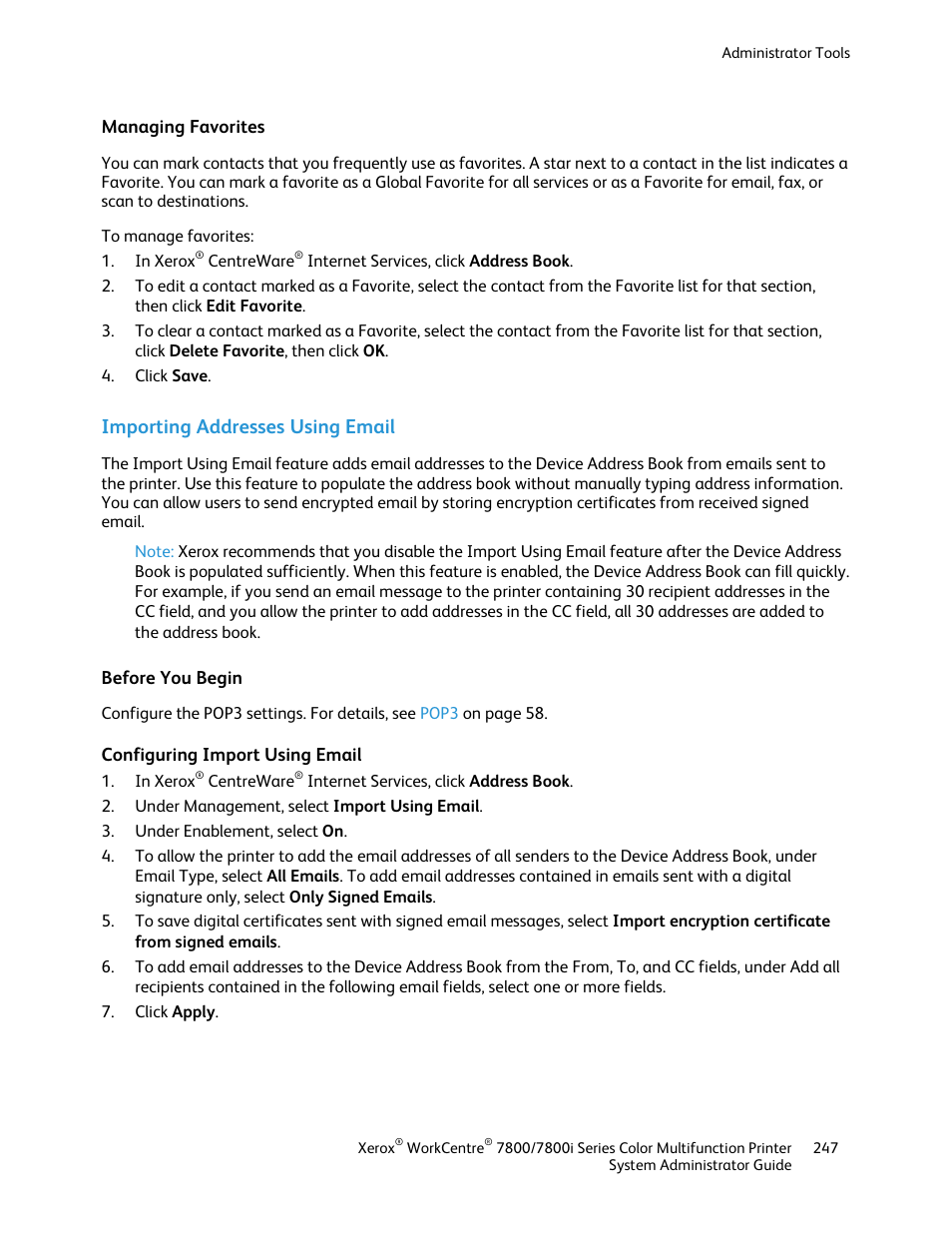 Managing favorites, Importing addresses using email, Before you begin | Configuring import using email | Xerox WorkCentre 7835ii User Manual | Page 247 / 284