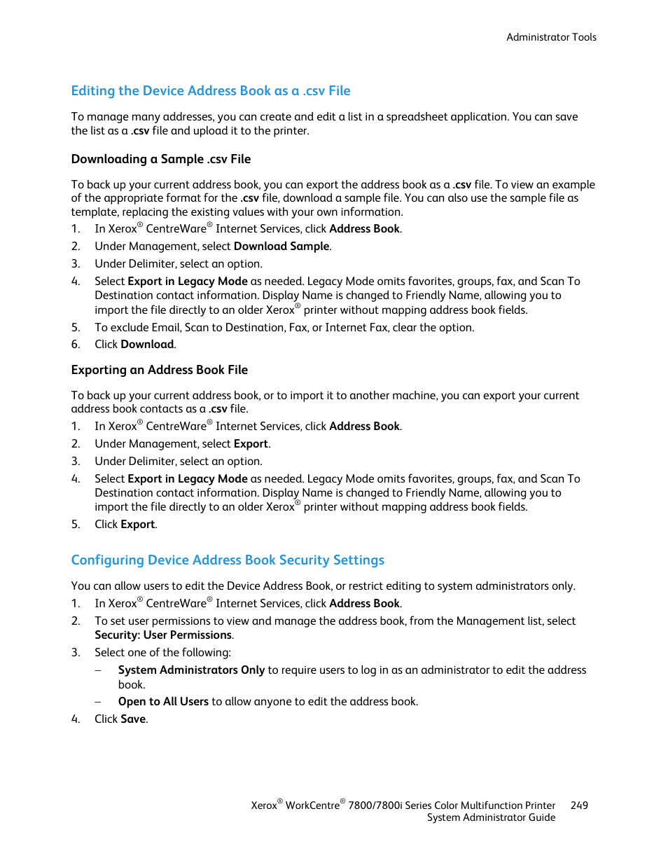 Editing the device address book as a .csv file, Downloading a sample .csv file, Exporting an address book file | Configuring device address book security settings | Xerox WorkCentre 7835ii User Manual | Page 249 / 284