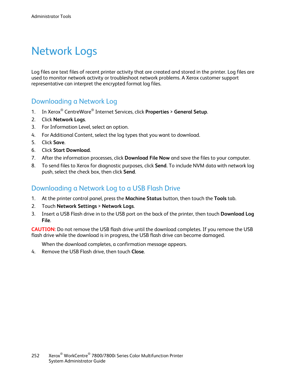 Network logs, Downloading a network log, Downloading a network log to a usb flash drive | Xerox WorkCentre 7835ii User Manual | Page 252 / 284