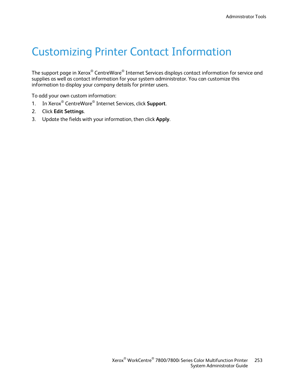 Customizing printer contact information | Xerox WorkCentre 7835ii User Manual | Page 253 / 284