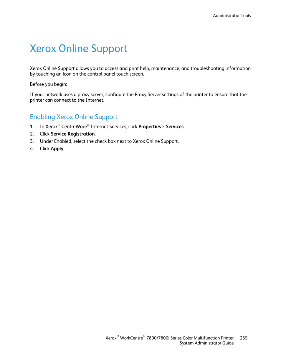 Xerox online support, Enabling xerox online support | Xerox WorkCentre 7835ii User Manual | Page 255 / 284