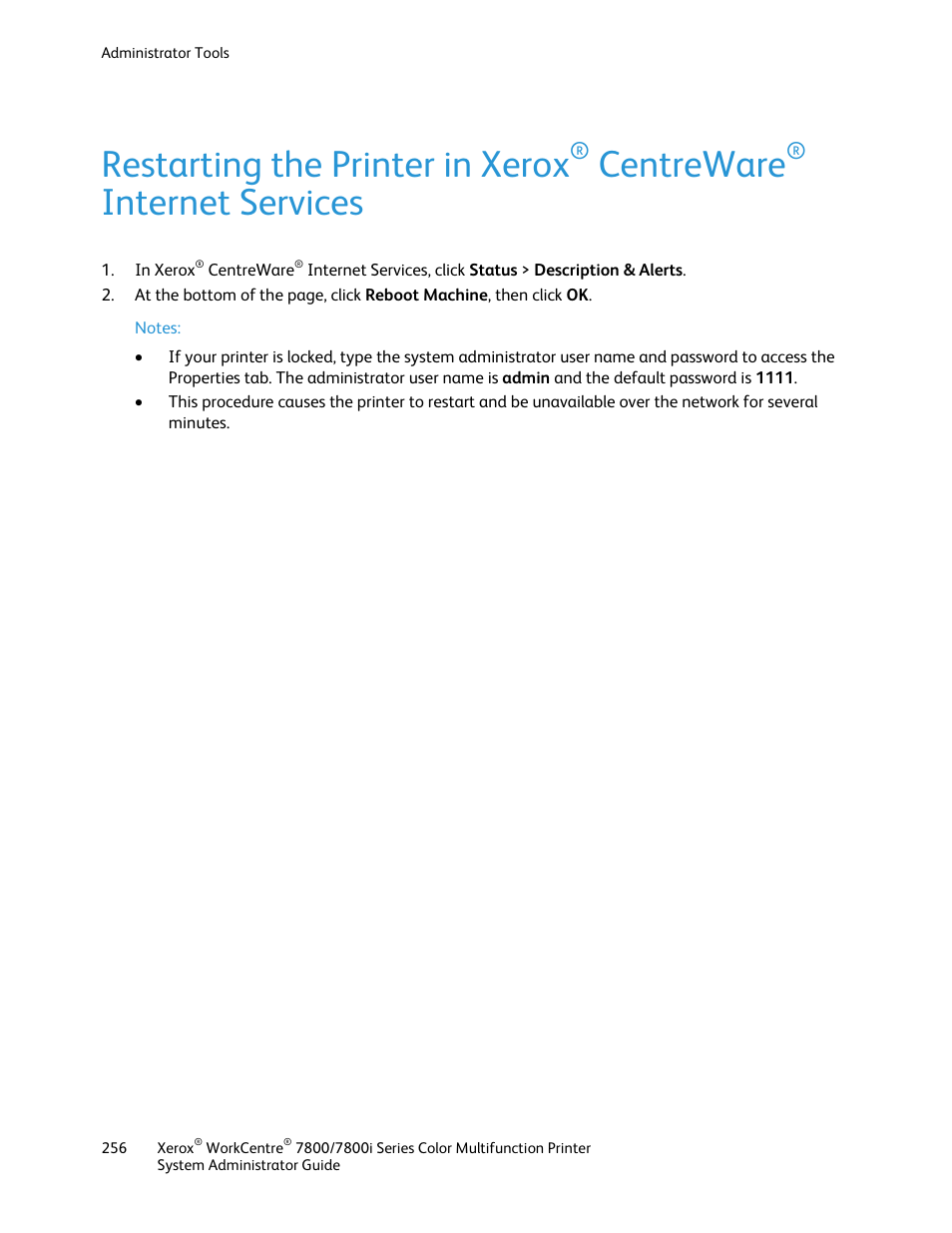 Restarting the printer in xerox, Centreware, Internet services | Xerox WorkCentre 7835ii User Manual | Page 256 / 284