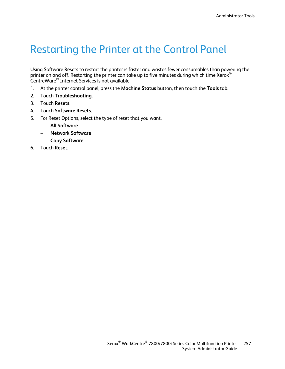 Restarting the printer at the control panel | Xerox WorkCentre 7835ii User Manual | Page 257 / 284