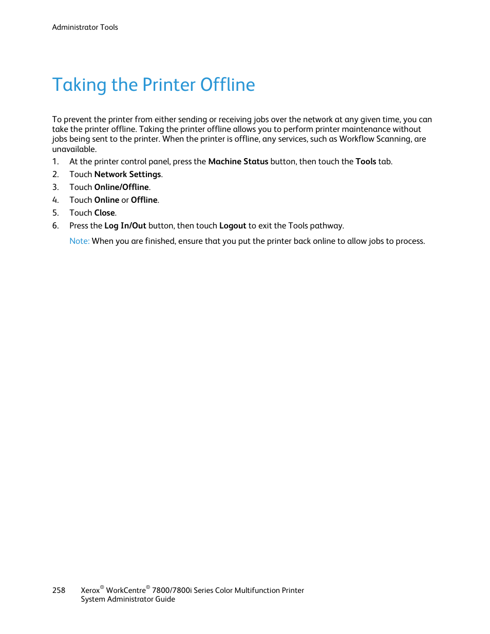 Taking the printer offline | Xerox WorkCentre 7835ii User Manual | Page 258 / 284