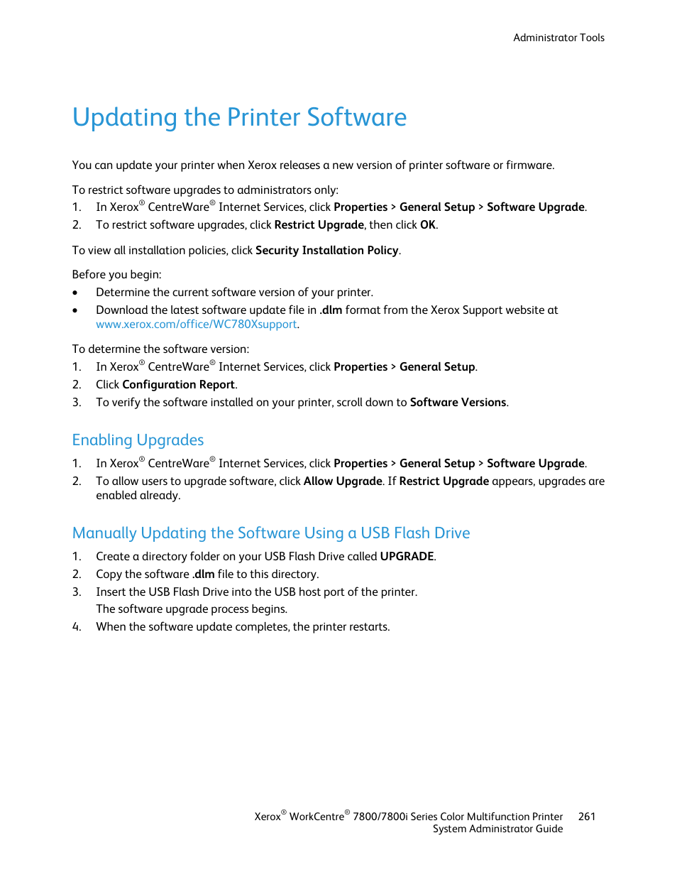 Updating the printer software, Enabling upgrades | Xerox WorkCentre 7835ii User Manual | Page 261 / 284