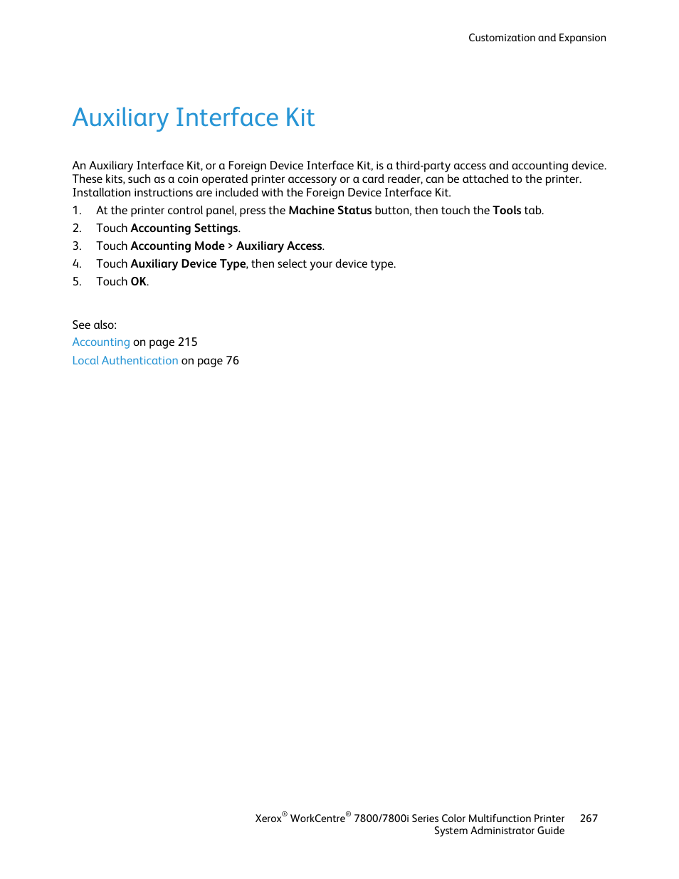 Auxiliary interface kit | Xerox WorkCentre 7835ii User Manual | Page 267 / 284