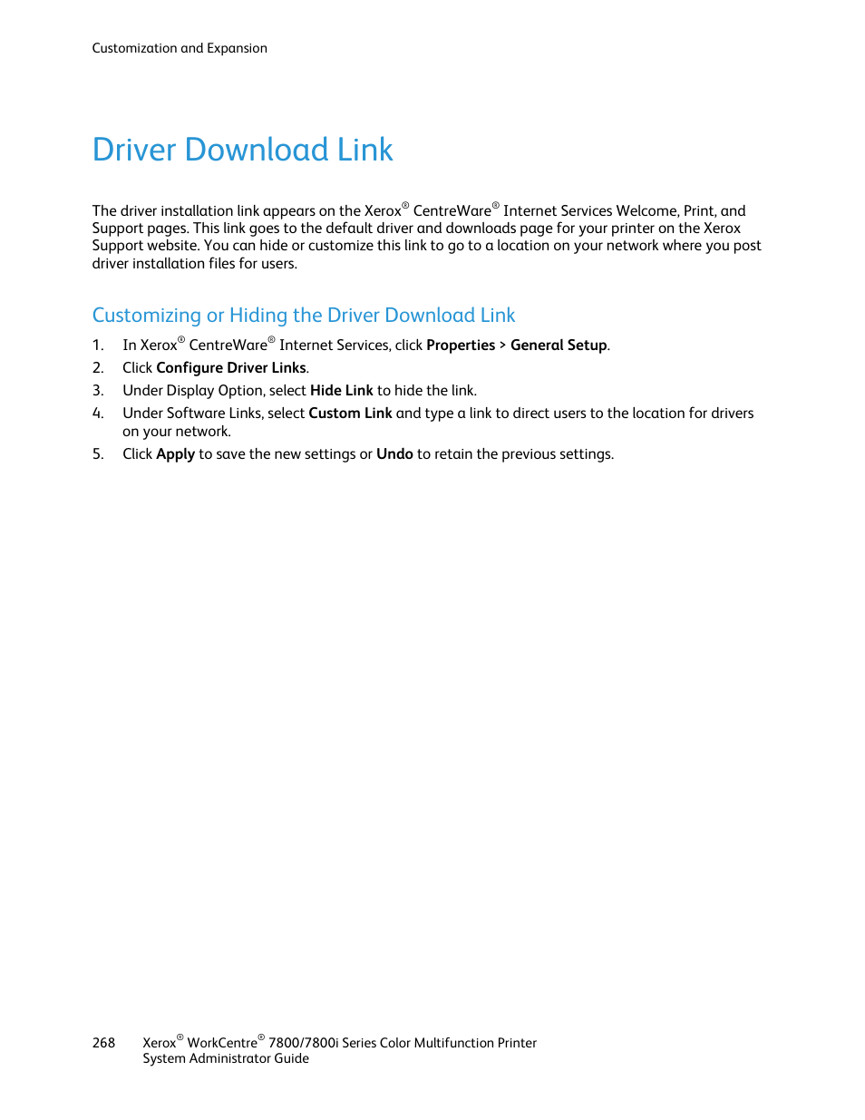 Driver download link, Customizing or hiding the driver download link | Xerox WorkCentre 7835ii User Manual | Page 268 / 284