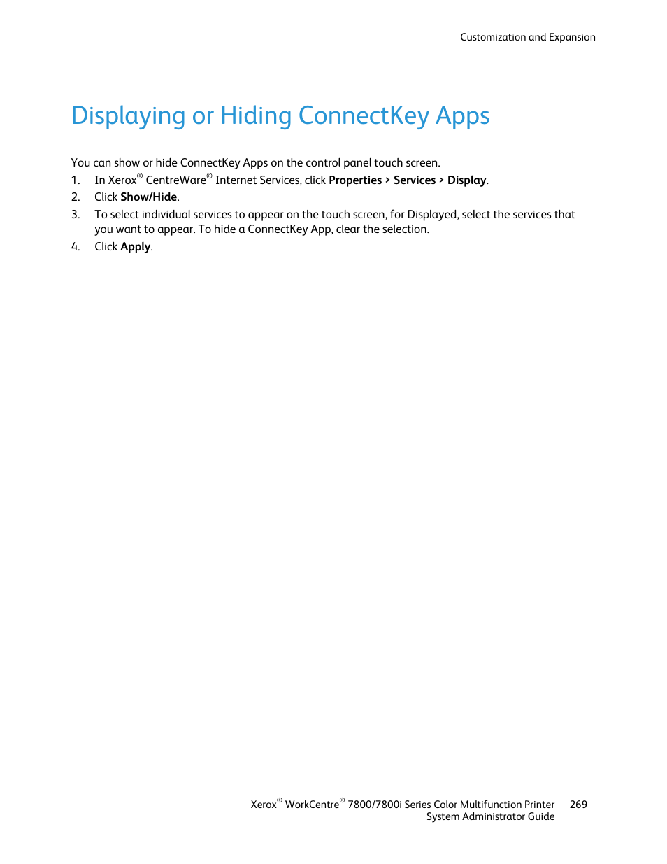 Displaying or hiding connectkey apps | Xerox WorkCentre 7835ii User Manual | Page 269 / 284