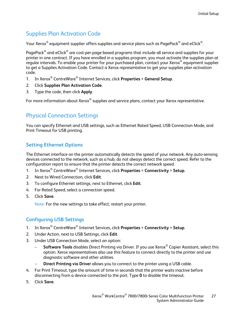 Supplies plan activation code, Physical connection settings, Setting ethernet options | Configuring usb settings | Xerox WorkCentre 7835ii User Manual | Page 27 / 284