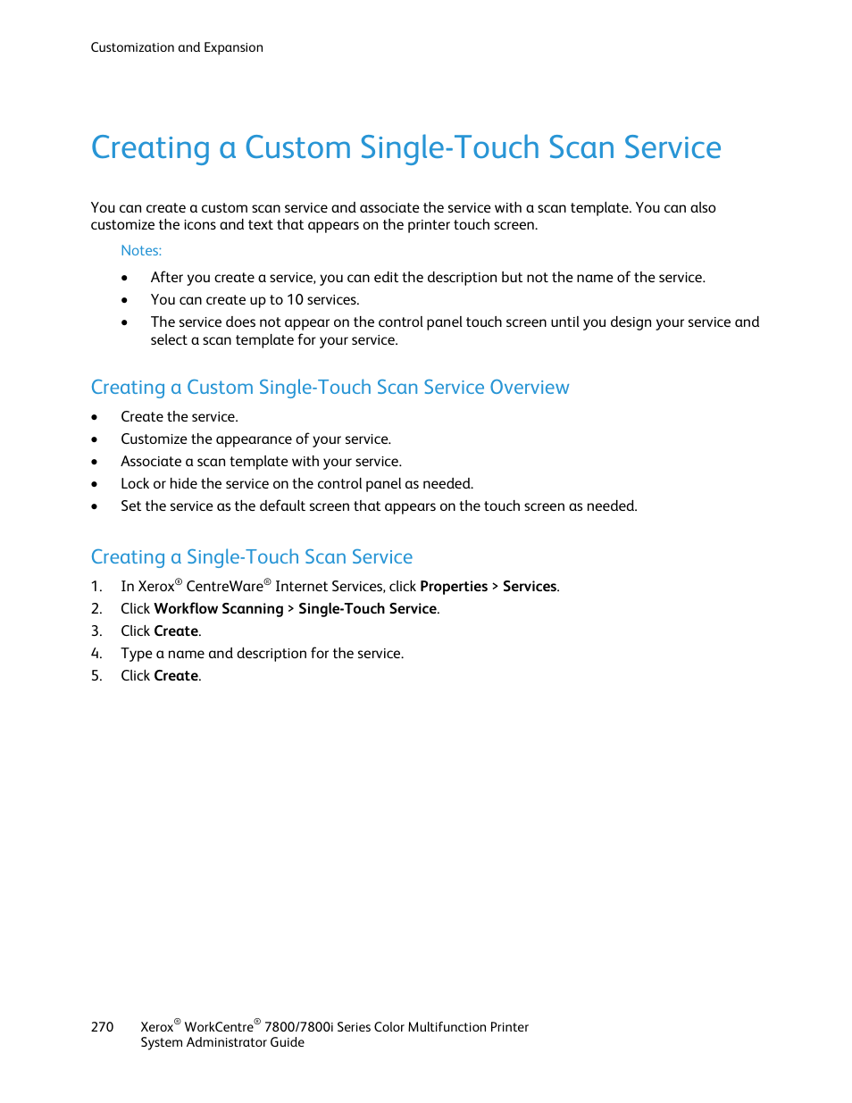 Creating a custom single-touch scan service, Creating a single-touch scan service | Xerox WorkCentre 7835ii User Manual | Page 270 / 284